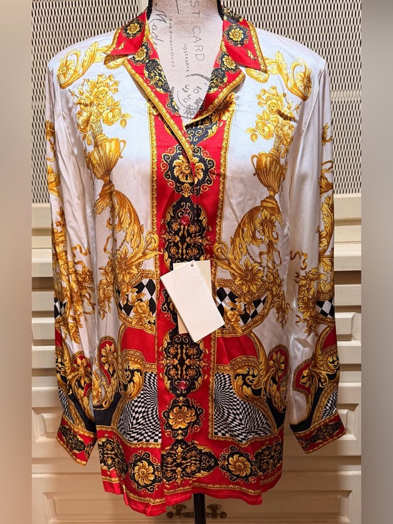 Escada Tops - Deadstock NWT Escada Silk Novelty Print Blouse Early 90s Maximalist Baroque